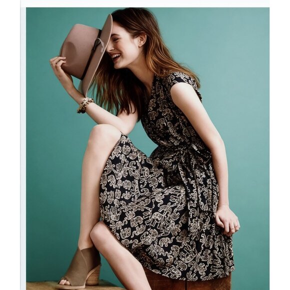 Maeve For Anthropologie Black Elephant Print Faux Wrap Dress XXS/P - Picture 1 of 12